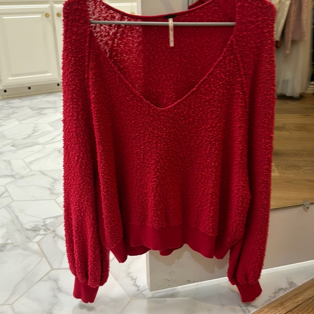 Free people red puff sleeve popcorn sweater